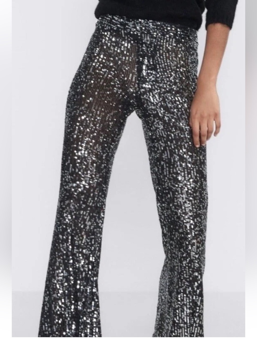 Zara Black & Silver Sequin Flare Pants